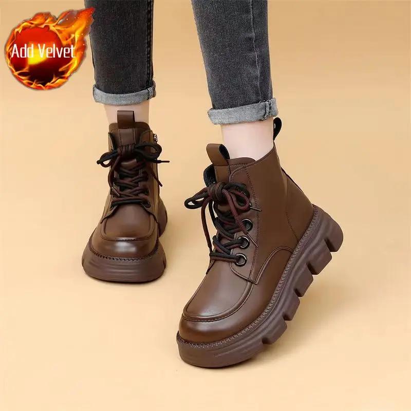 Fashion Punk Style Combat Chunky Booties with Laces Women's Ankle Boots Round Toe Leather Female Short Shoes Platform Lace-up On Offer