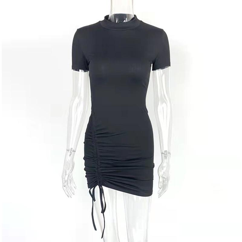 

2024 Лето Женское Сексуальное Плиссированное Платье с Юбкой На Бедрах Короткий Рукав Высокий Воротник Обтягивающее Платье Large чёрный