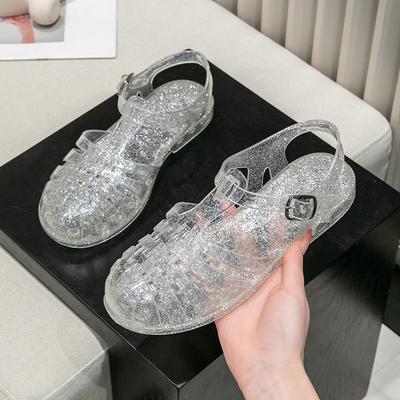 New Crystal Roman Sandals Hole Shoes Spring and Summer Flat-bottomed Hollow Sandals Jelly Roman Shoes Bag Head Women's Sandals