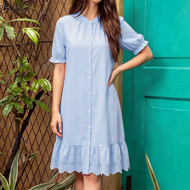 ZANZEA Women Daily Casual Round Neck Lace Crochet Splice Hem Loose Short Sleeve Dress