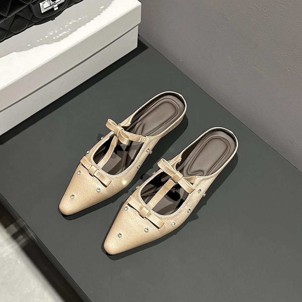 Summer Pointed Rhinestone Bow Single Shoes Women Summer Wear Fashionable Flat Bottom Gentle Half Slippers Women