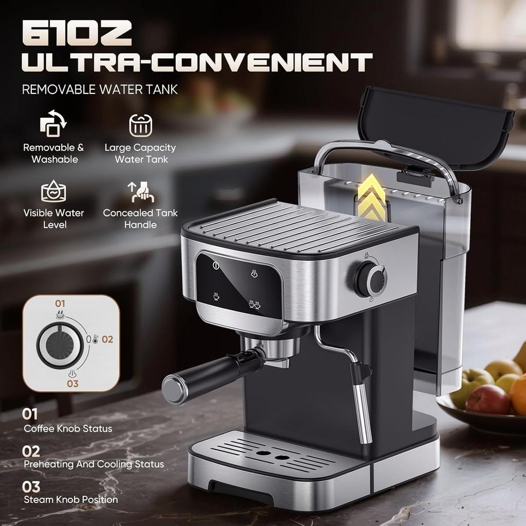 Espresso Machine 20 Bar, Professional with Milk Frother, LED Touch Screen, 61OZ Tank, Compact Home Coffee Maker for Latte & Capp