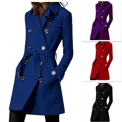 Autumn and Winter Long Woolen Women's Coat Waisted Belted Double-breasted Coat