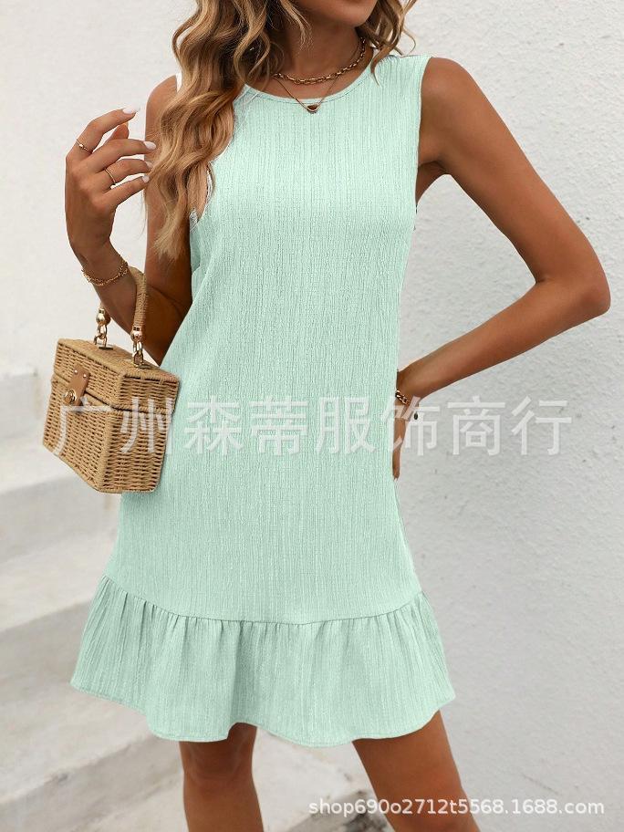 Summer new European and American sleeveless ruffle A-shaped dress casual fresh solid color vest skirt