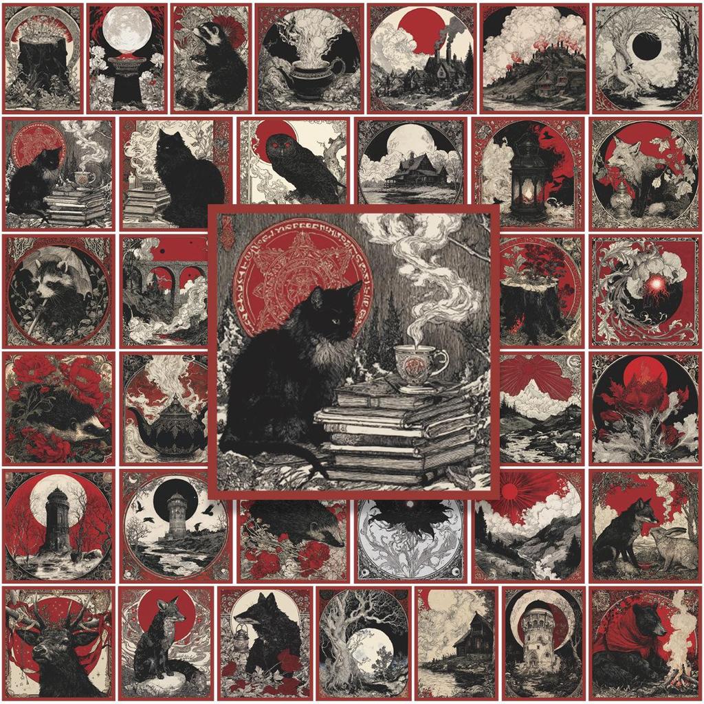 Gothic Cat Tarot Stickers: 40 Dark Doodle Designs for Journal, Phone, or Notebook