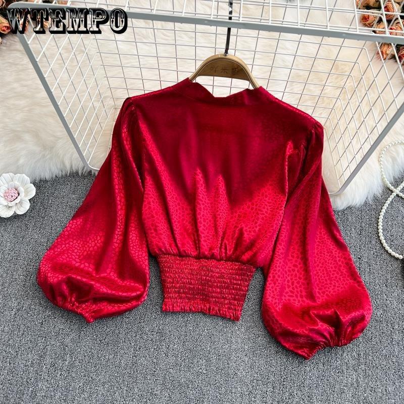 WTEMPO Long Sleeve Stain Blouses Women Korean Leopard Print Long Lantern Sleeve V-neck Shirts New Casual Cropped Tops