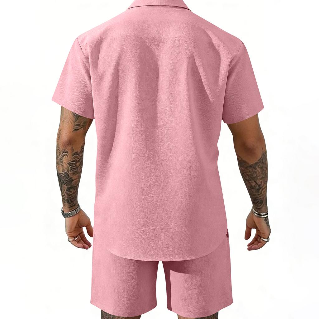 Men's Summer -Color Collared Button-Down Shirt And Shorts Set