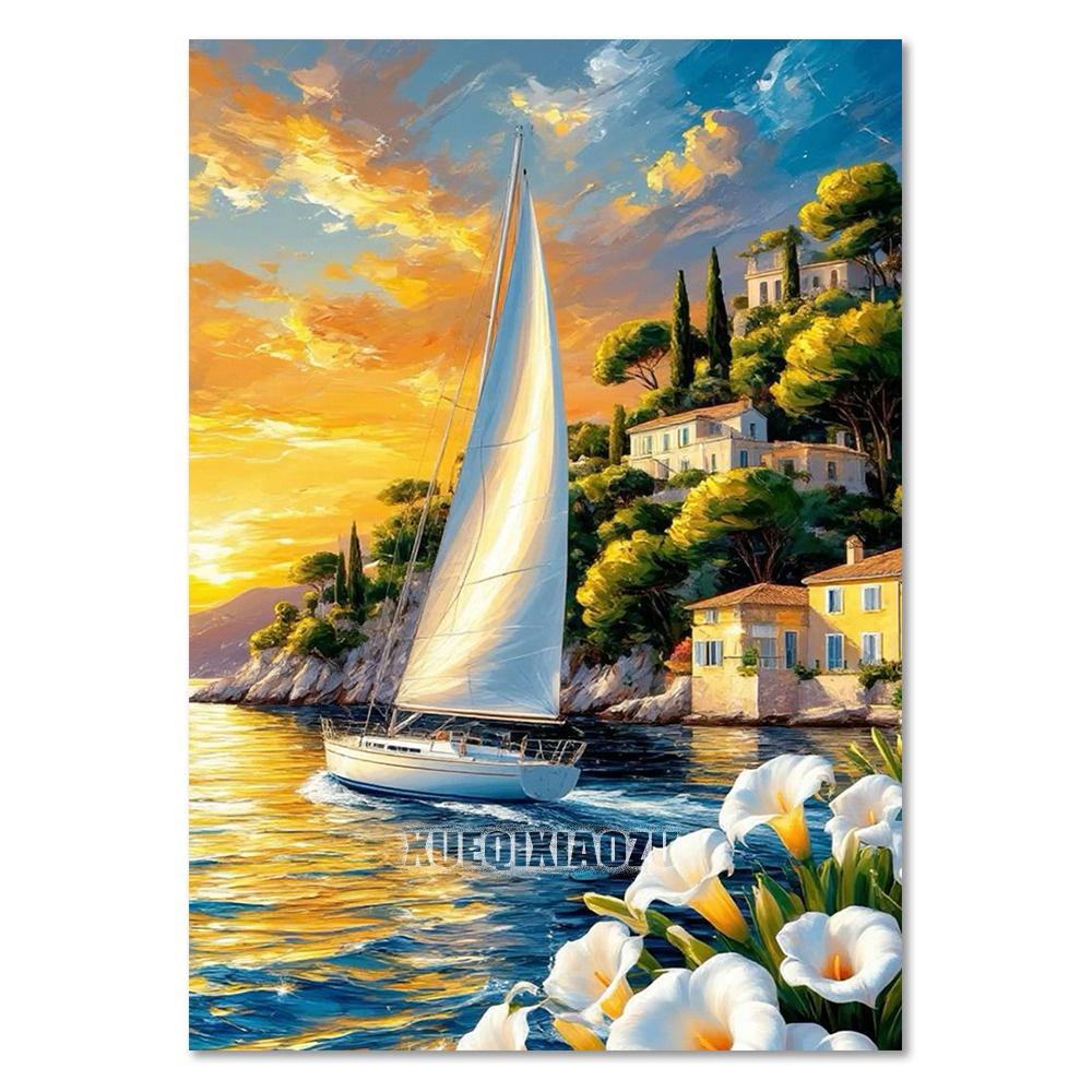 Sea Sailboat 5D Diamond Painting Kit Mountain View Flower House Mosaic Cross Stitch DIY Home Decor Gift for Adult Beginners
