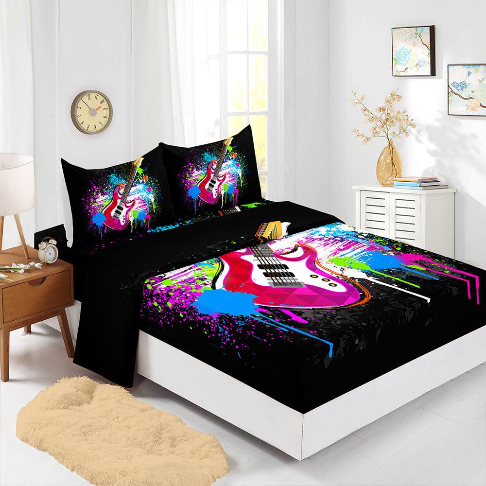 

Four-Piece Mattress Digital Printing Music Guitar Mattress Protective Cover Bedding (90cm * 190cm * 40cm) Pillowcase * 1