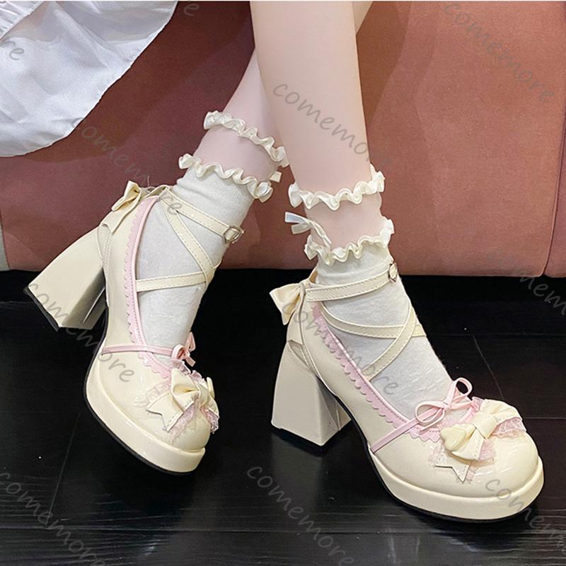 Fashion Comemore High Heels Lolita Women's Shoes Thick Bottom Sweet Cute Princess Style Bow Mary Jane Shoes Fashion College Style Pumps