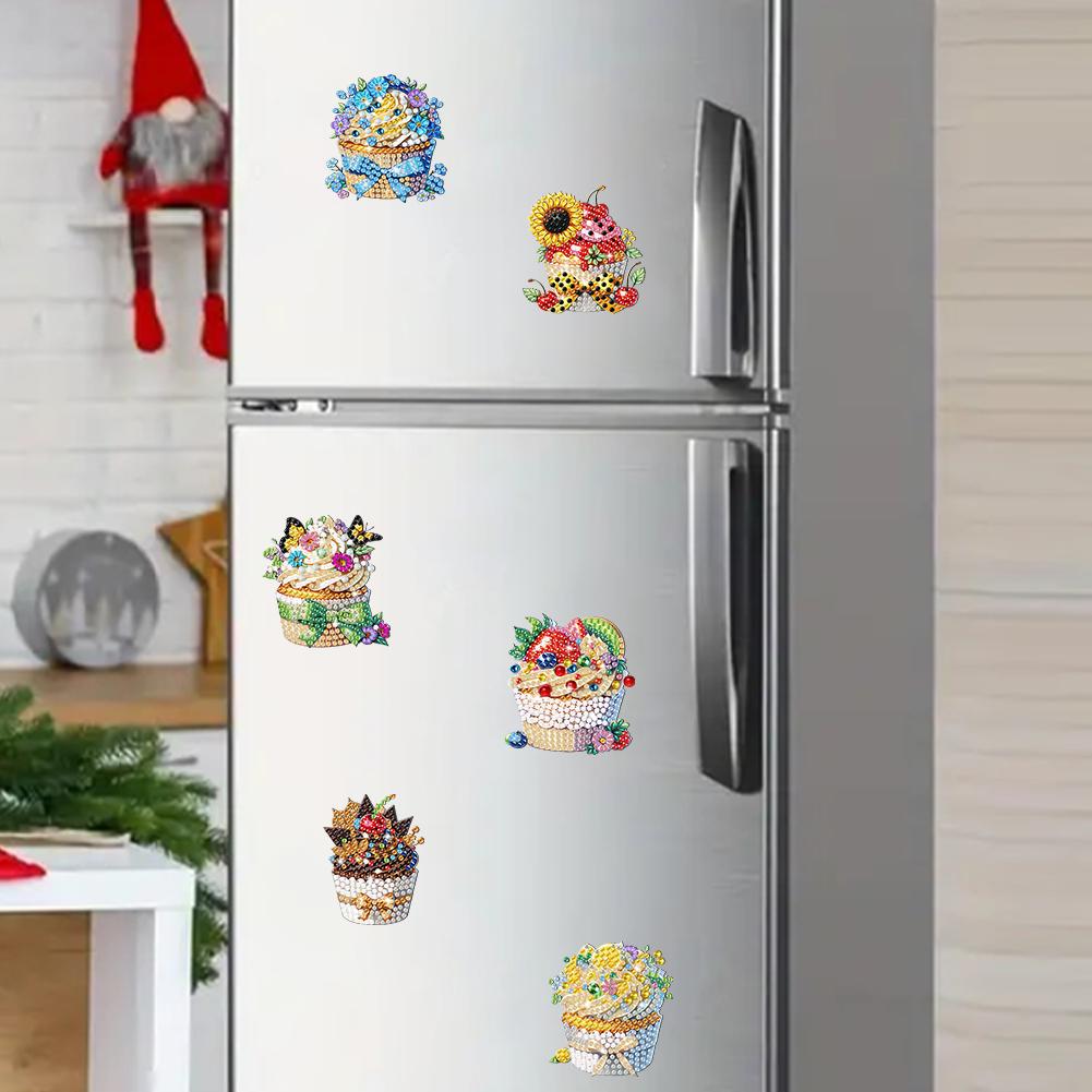 6Pcs Acrylic Special Shape Cake Fridge Stickers Diamond Art Fridge Magnet Diamond Art Magnets Decals for Adults Kids Beginners