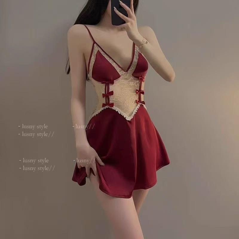 

Fat mm large size catty sexy women s pajamas free sweet girl lace bow suspender nightdress loungewear M бордовый