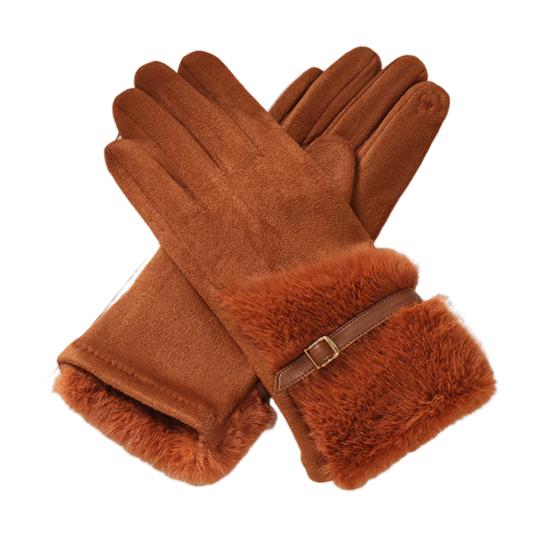 Women's Winter Suede Gloves with Fur Cuffs Soft Warm Touchscreen Cycling Gloves Ladies Fleece Lined Windproof Gloves for Cold Weather