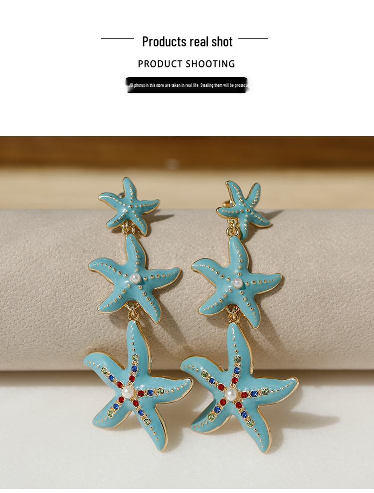 European and American Fashion Rhinestone Starfish Drop Earrings for Women's Daily Wear