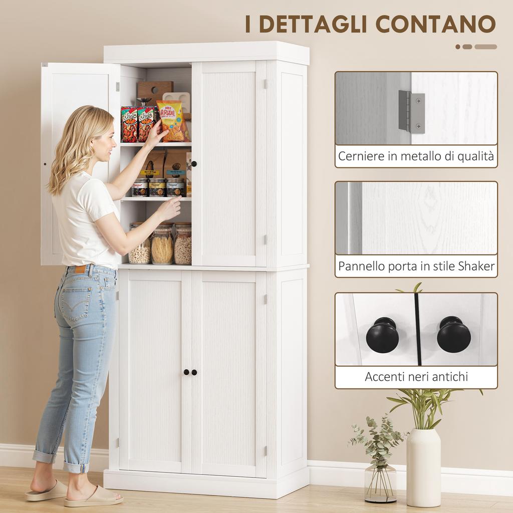 Mobile Alto da Cucina con 6 Ripiani Regolabili e 2 Ante, Legno, 76x40,5x184 cm, Bianco