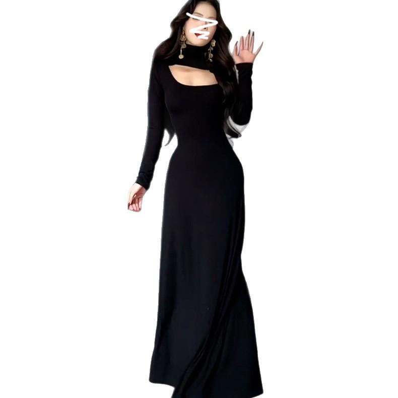 Women's Slimming French Black Long-Sleeve Dress - Early Winter 2026 Collection, High-End Feel, Elegant Inner Base Layer.