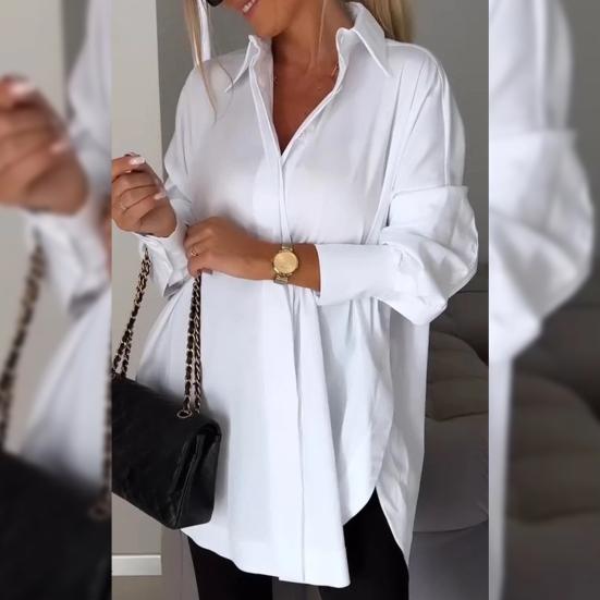 Women Spring Summer Shirt Lapel Long Sleeve Solid Color Shirt Side Split Mid-length Casual Shirt Workwear
