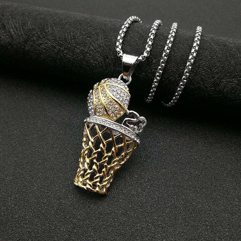 Gold Rhinestone Basketball Hoop Pendant Necklace, Hip Hop Style, Color-Preserving Titanium Steel