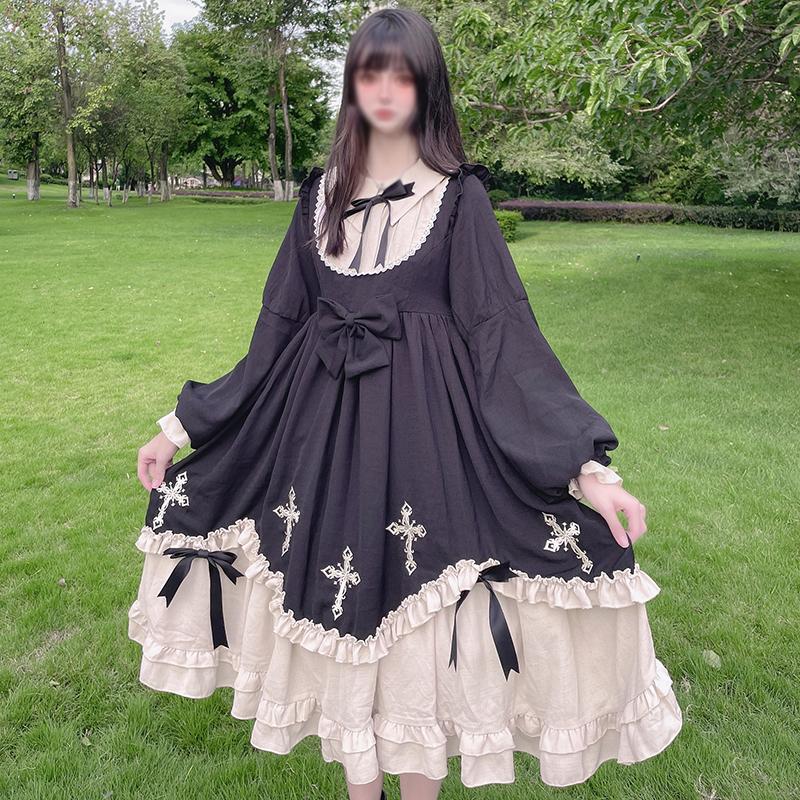 

Women s Plus Size Lolita Dresses Long Sleeve Ruffles Ribbons Cross Stitch Cute Sweet Doll Collar Bows Prom Halloween Costume 4XL чорний