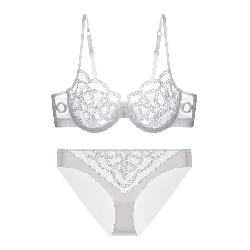 New French sexy underwear women's big breasts show small gathering bra ultra-thin breathable mesh embroidered bra