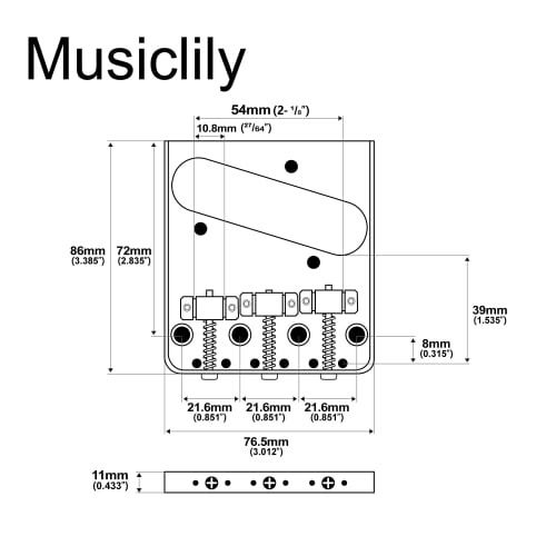 Musiclily Pro 10.8mm Vintage-Style Telecaster Bridge with Brass 3-Way Saddles for Squier and Imported Telecaster Electric Guitars, Chrome