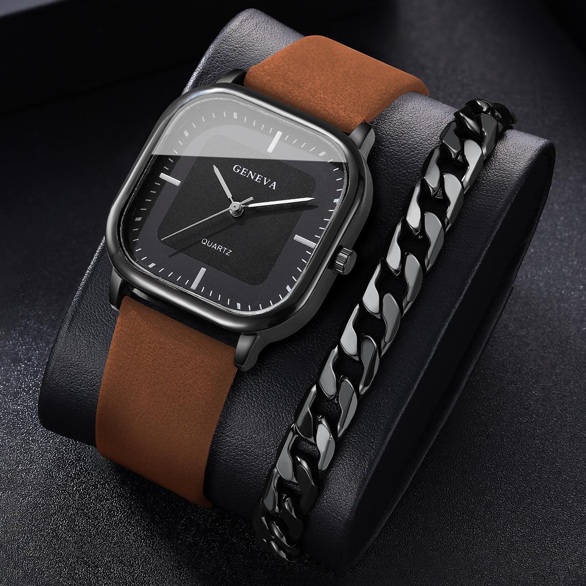 

2 шт./набор Мужские подарочные часы Простые Модные Квадратный циферблат с делениями Трендовые Красивые Кварцевые часы + Браслет ( Коробка в комплект не входит)