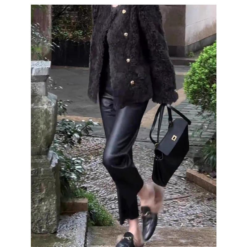 Small narrow version straight leather pants women's autumn and winter new high waist and thin temperament nine-point pipe pants