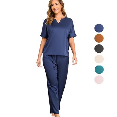 Pigiama da Donna Imitazione Seta 2 Pezzi Tuta da Notte Maniche Corte Scollo a V Pantaloni Lunghi Lusso Raso Primavera Estate Abbigliamento da Notte