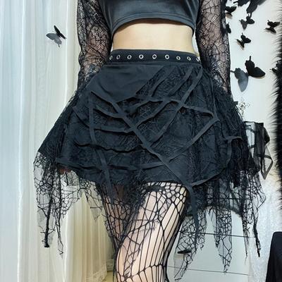 Elastische Taille Big Saum Gothic Punk Metall Löcher Design Frauen Rock Halloween Spinne-Web Dekor Quaste Mini Rock Party tragen