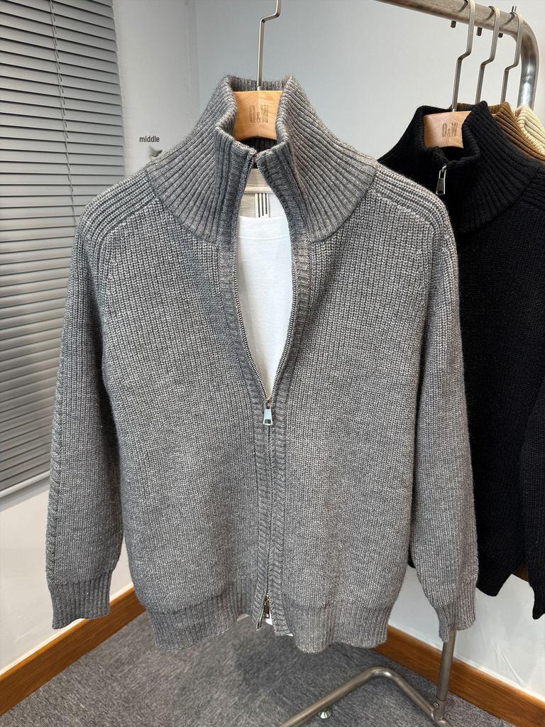 Men's Double Zipper High Neck Cardigan Knit Sweater - Autumn/Winter 2025 Trendy Casual Outerwear