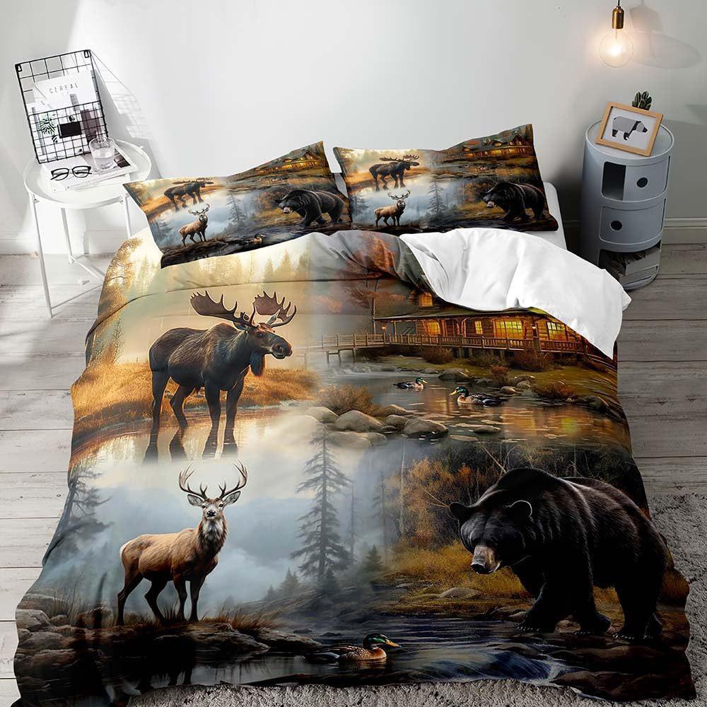Beardeer Woodland Country Cottage Three-Piece Quilt Cover Digital Printing Bedding Set Bed Cover
