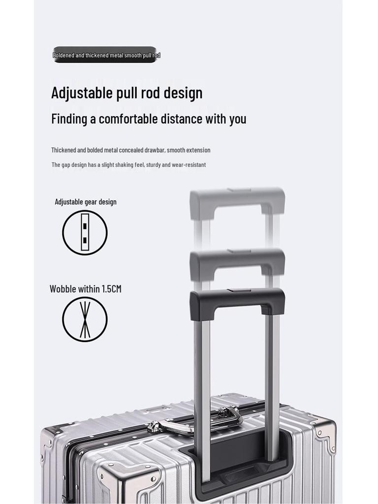 Large Capacity Aluminum Frame Travel Suitcase with Combination Lock, Trolley Wheels, and Durable Design for Men and Women.