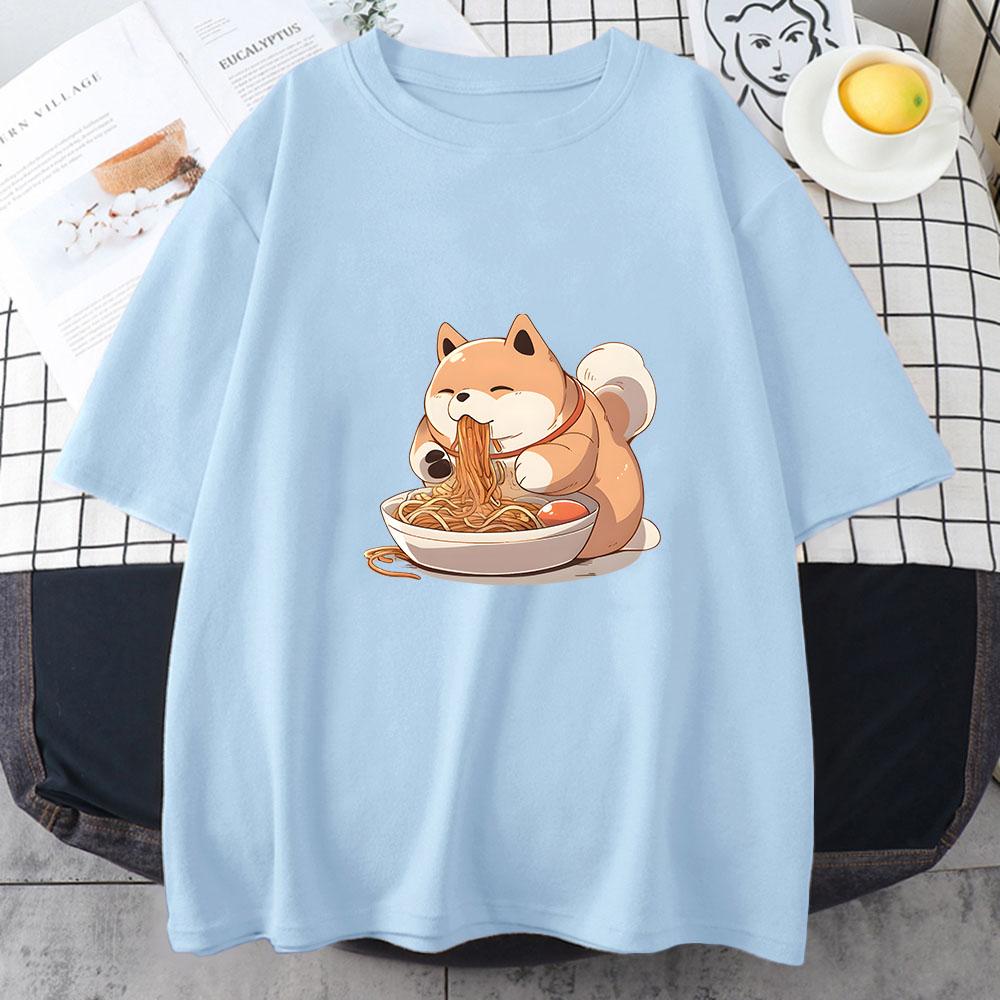 Shiba Inu Enjoying RaUnisex Graphic Tshirt Women Clothes Summer Funny Japanese Noodle Harajuku Print Shirt Kawaii Cat Fashion Tops