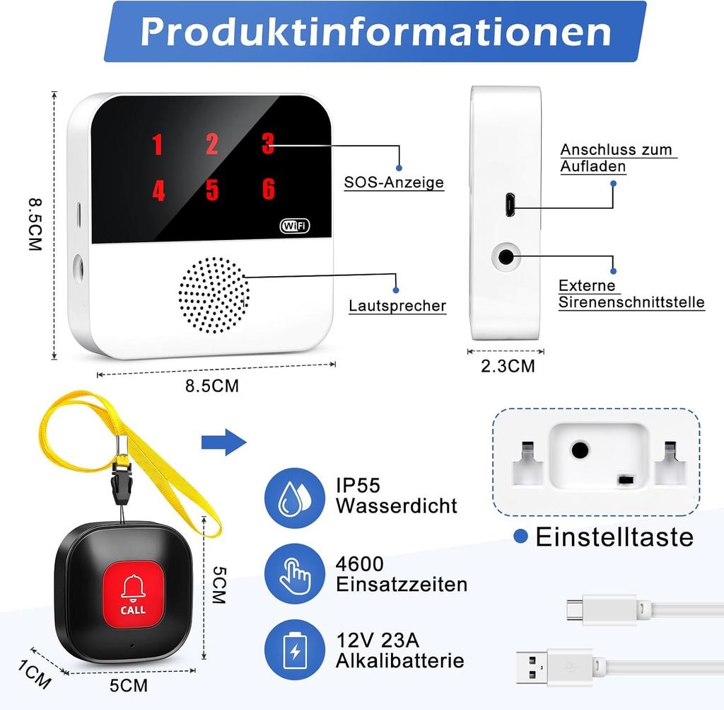 Emergency call button for seniors, mobile alarm emergency call button, unk works care call set for elderly people with 2 transmitters and 1 receiver