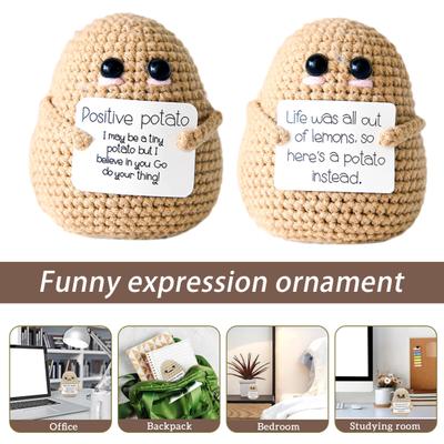 Positive Crocheted Doll with Encouraging Card Emotional Support Handmade Knitting Animal Vegetable Toy Decoration Kids Adults