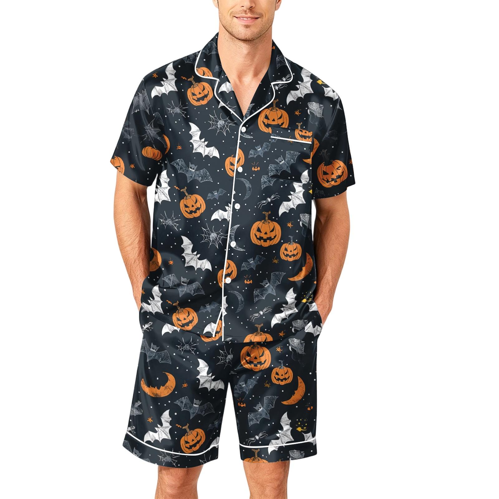 Herren Schlafanzug Set Kurzarm Knopfleiste Oberteil und Shorts Weich Entspannte Passform Nachtwäsche mit Aufdruckmuster S bis XXXXL L schwarz