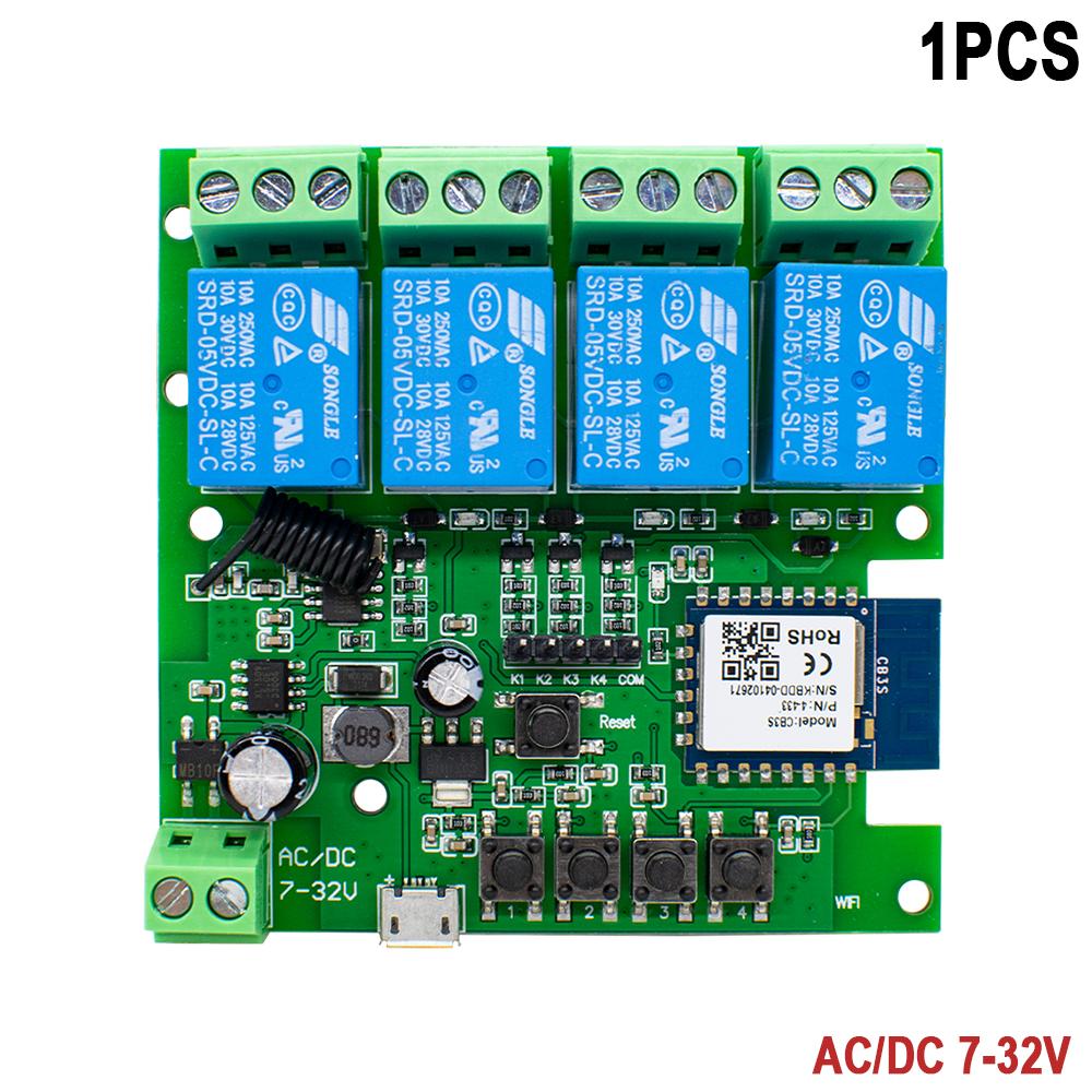 

4-канальний Tuya Smart Wifi модуль перемикача 12В 24В 220В RF433 Дистанційне керування через APP 4 канали Реле миттєвого спрацьовування Працює з Alexa Google Home 7-32V NO CASE