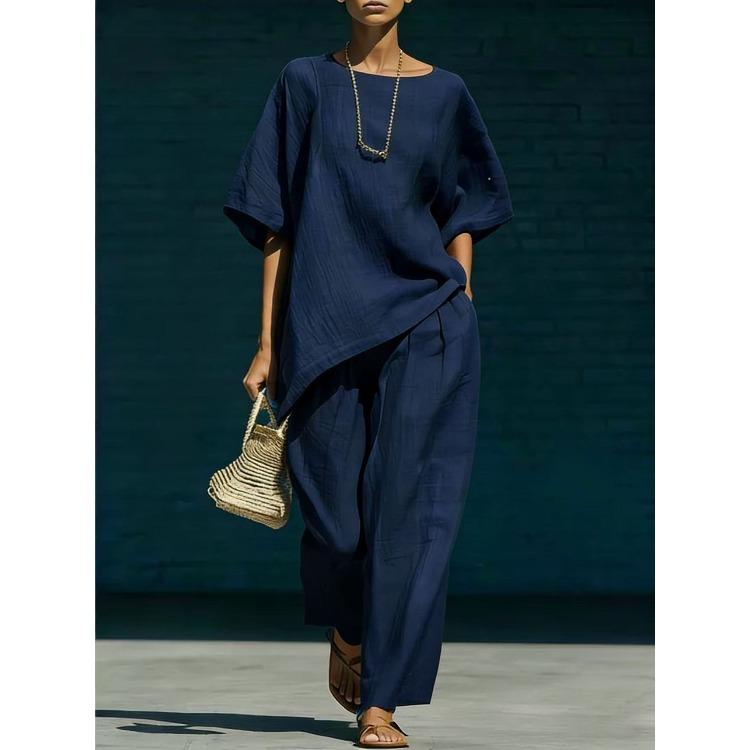 Completo da donna a tinta unita con scollo rotondo, maniche corte e pantaloni a gamba larga, casual, vestibilità larga, tuta estiva