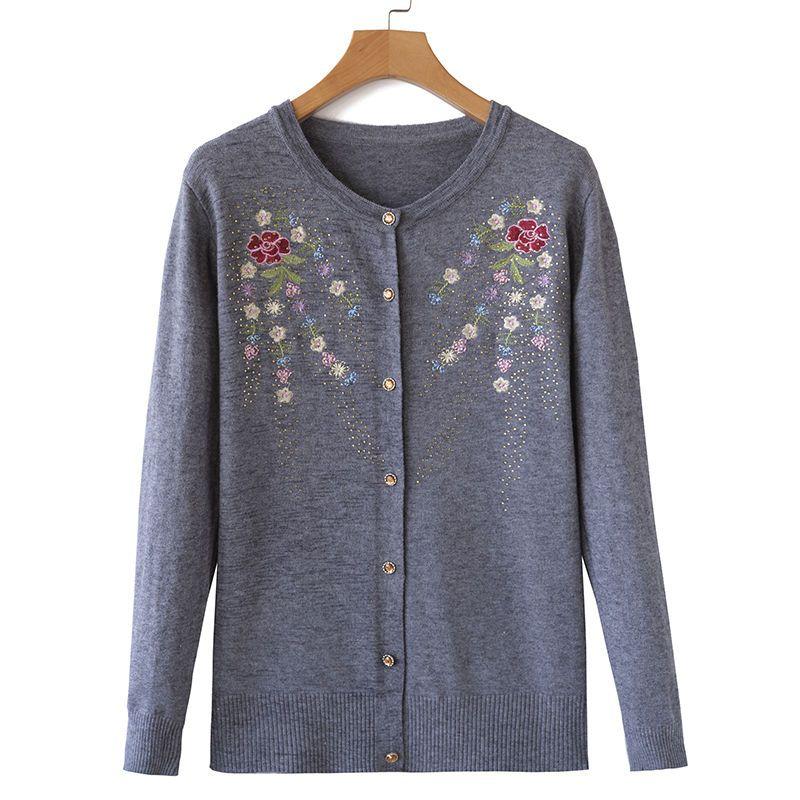 Women's Round Neck Embroidered Knit Cardigan Spring Autumn Rhinestone Loose-Fit Cardigan Sweater