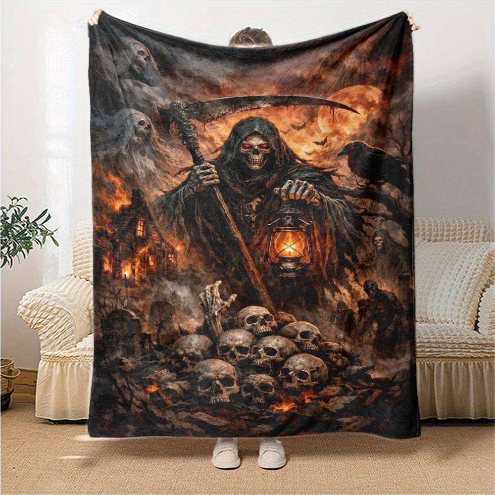 Dark Grim Reaper Print Flannel Blanket High Quality Warm Comfortable Cover for All Seasons Perfect for Gifts Home Decor