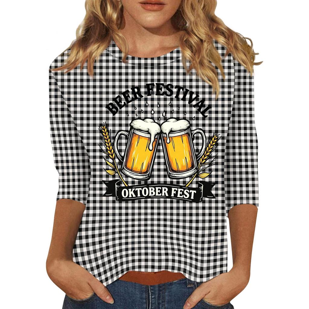 Women's Casual Three Quarter Sleeve Round Neck Top with Beer Festival Print Oktober Fest Pattern Lightweight Comfortable Fit