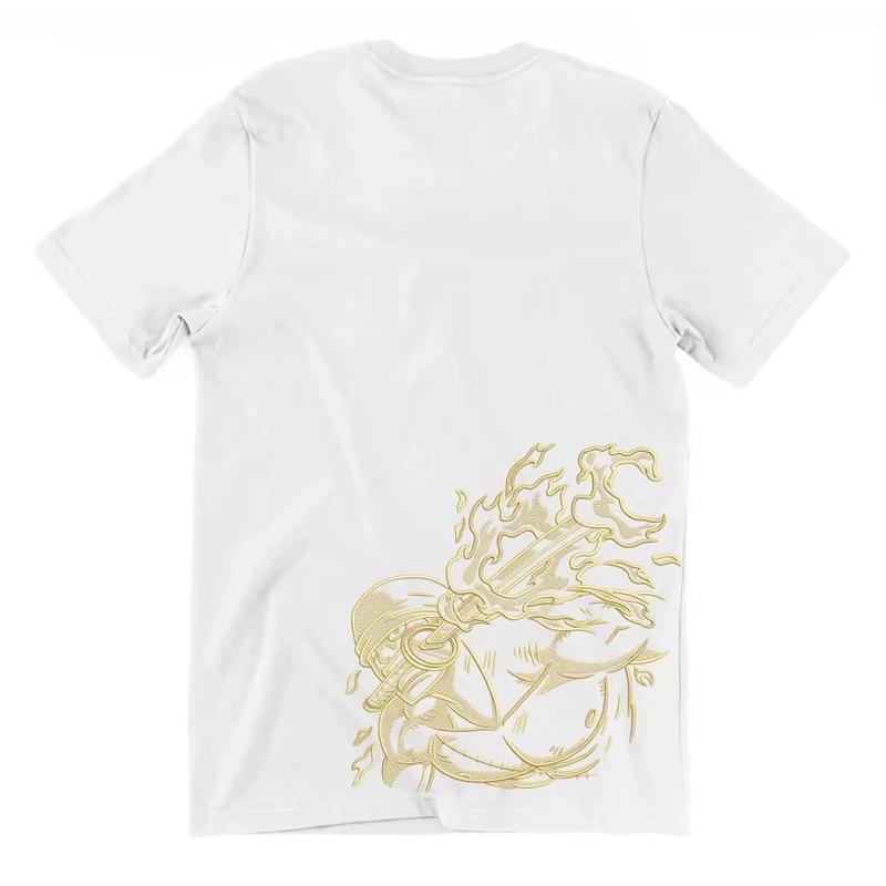 Summer Mens Tshirt One Piece Anime Collection Cotton Tees with Luffy Zoro Skull Pirate Logo Gold Line Art Prints Crew Neck