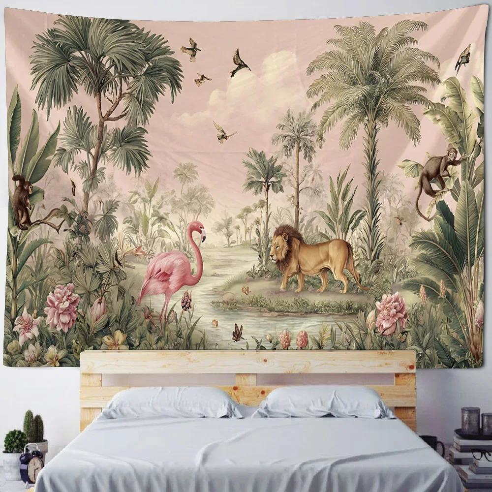 Tropical Rainforest Bohemian Tapestry Wall Hanging Polyester Fabric with Plant & Forest Animal Print for Bedroom Home Decor