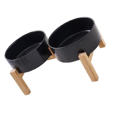 AntiTip Ceramic Dog Cats Bowls Raised Wood Feeders Large Capacity Double Bowl Dish with NonSlip Stand Pet Feeding Supply