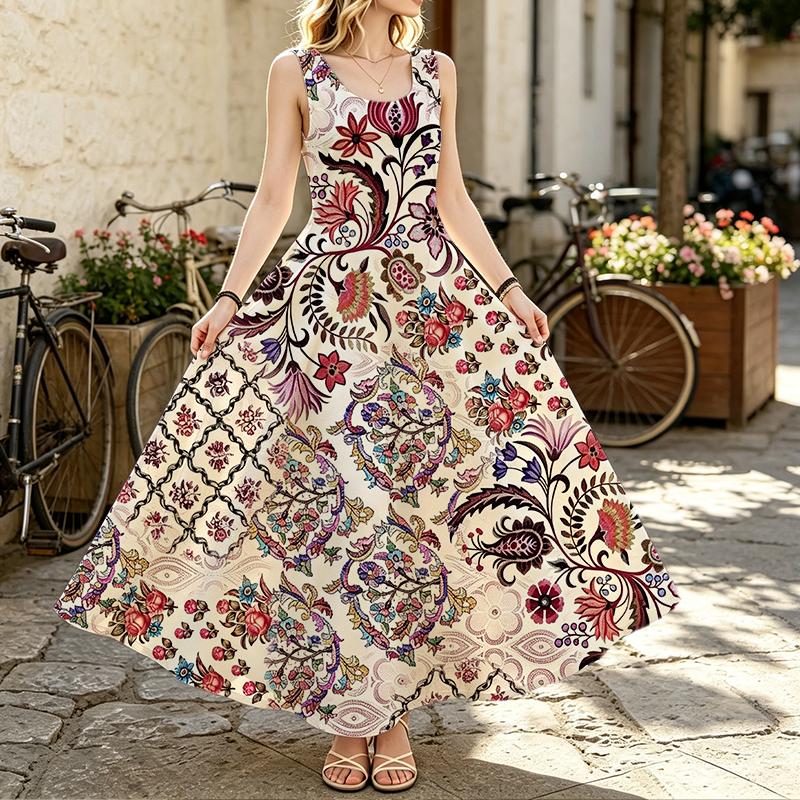 U-Neck Sleeveless Floral Maxi Dress for Women Soft,Elegant Fashion Design,Perfect for Home,Pool,Vacation,Daily Outings & Travel Photos