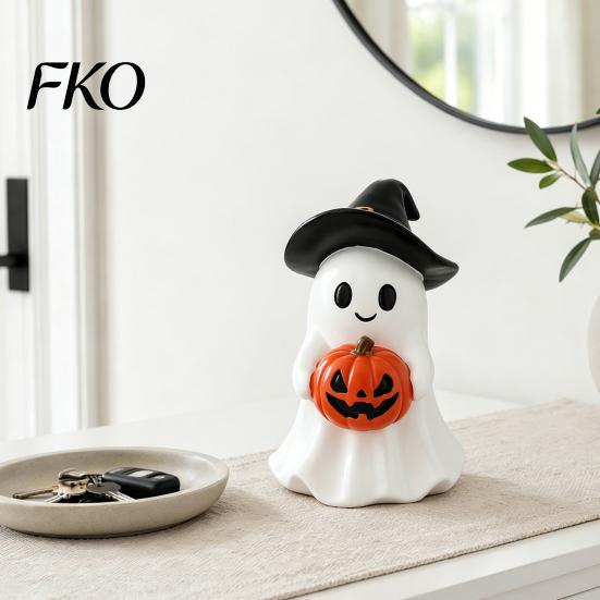LED Pumpkin Decor Halloween Ghost Figurine, Cute Resin Holding Spooky Table Centerpiece Statue for Desk Tabletop Indoor Home Safe Flameless