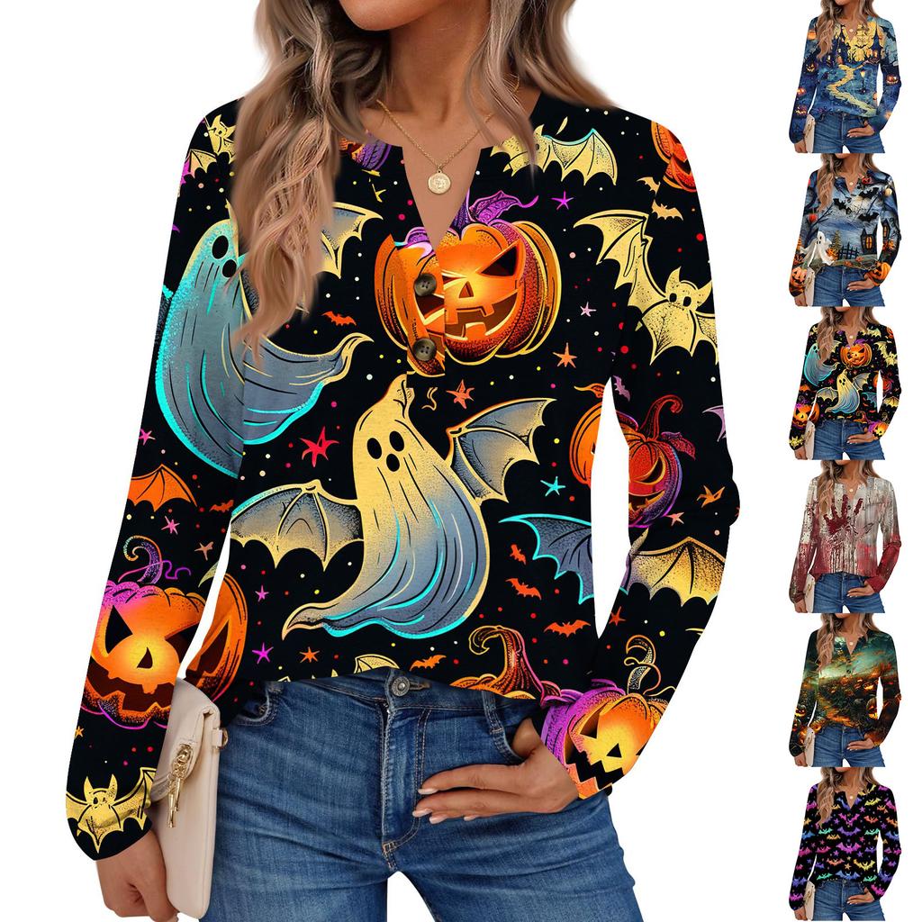 Women's Halloween Print Long Sleeve Shirt Casual Blouse