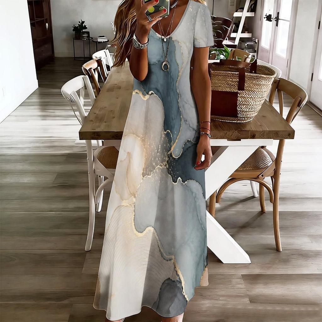 Women Plus Size V Neck Short Sleeve Abstract Printed Long Maxi Dress