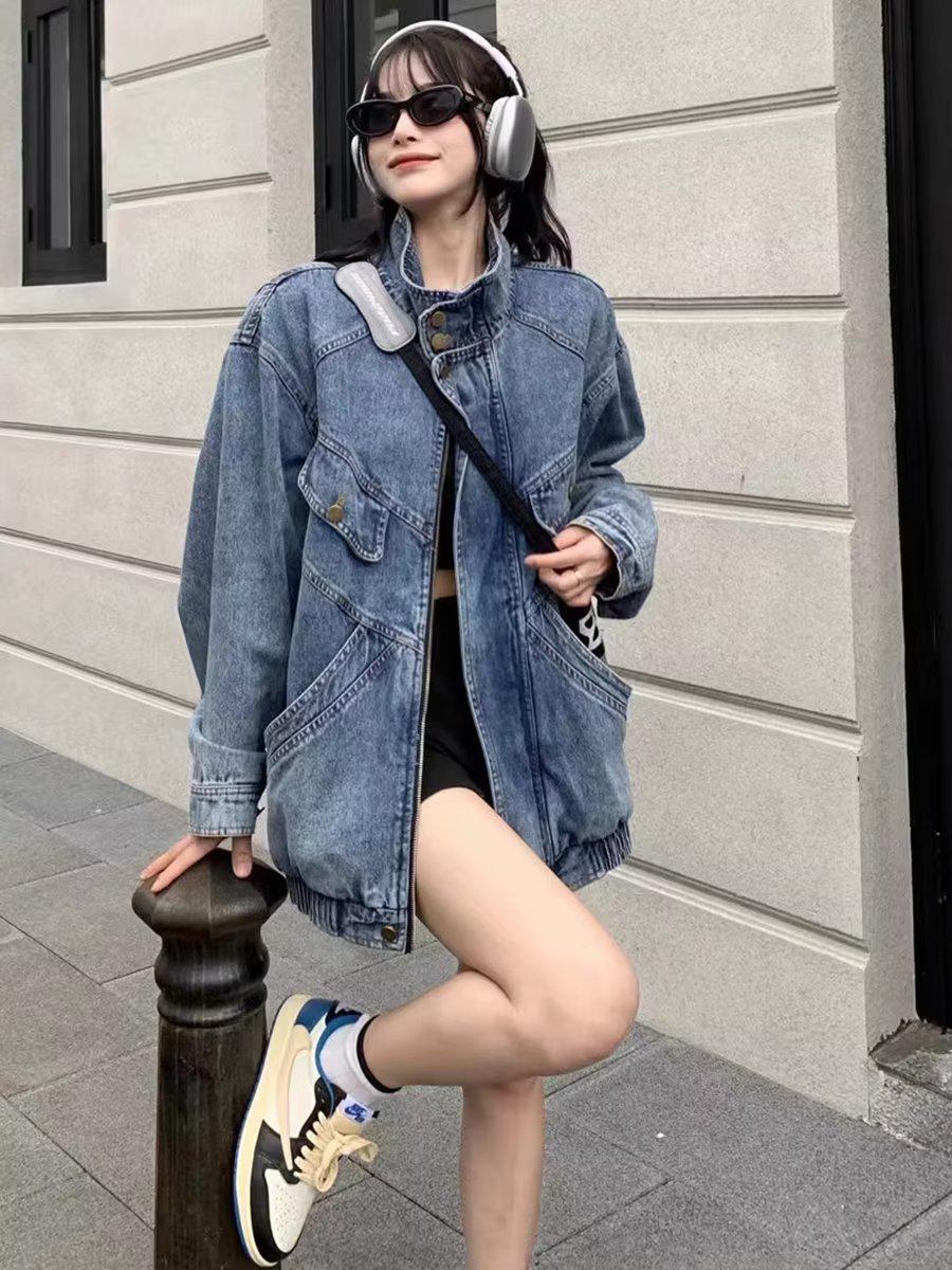 

Unisex High-End Denim Motorcycle Jacket: Stand-Collar, Loose Fit, Trendy American Style for Spring & Autumn Extra Large