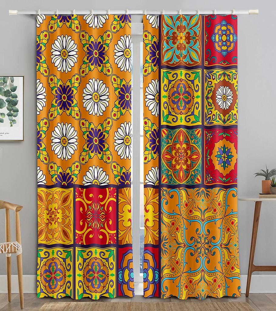 Bohemian Retro Curtain for Bedroom, Thin Polyester Sunshading Window Decorative, Boho Printing, Finished